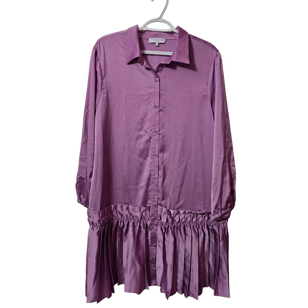 Taylor Tillman Ruffle Satin Lilac Midi Shirt Dress Large